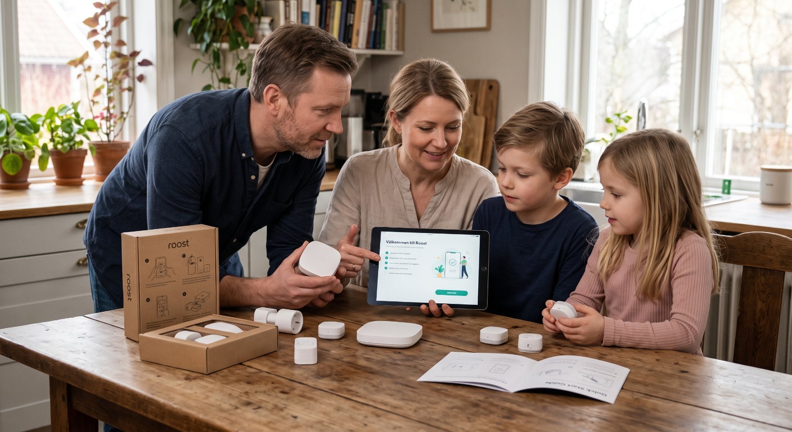 Familjen packar upp sin Roost-box vid köksbordet