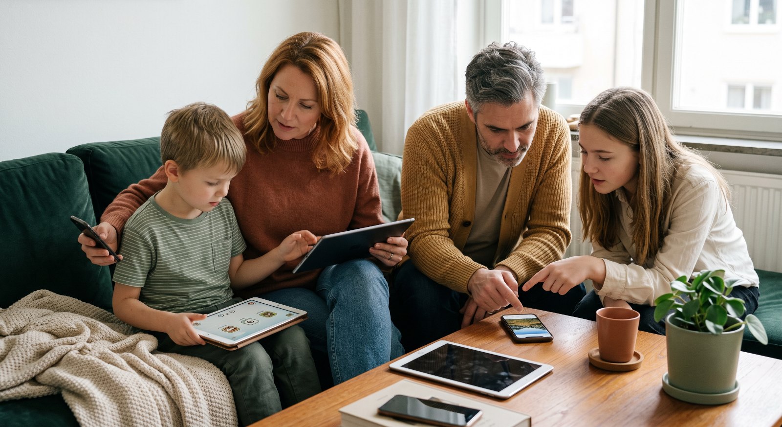 Familjen tillsammans i soffan med appen